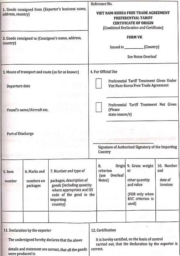 Hướng dẫn cách kê khai trên C/O form VK